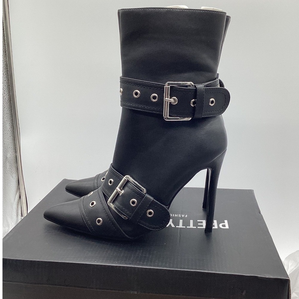 PrettyLittleThing Black Buckle Eyelet Pointed Toe Stiletto Ankle Boots NEW