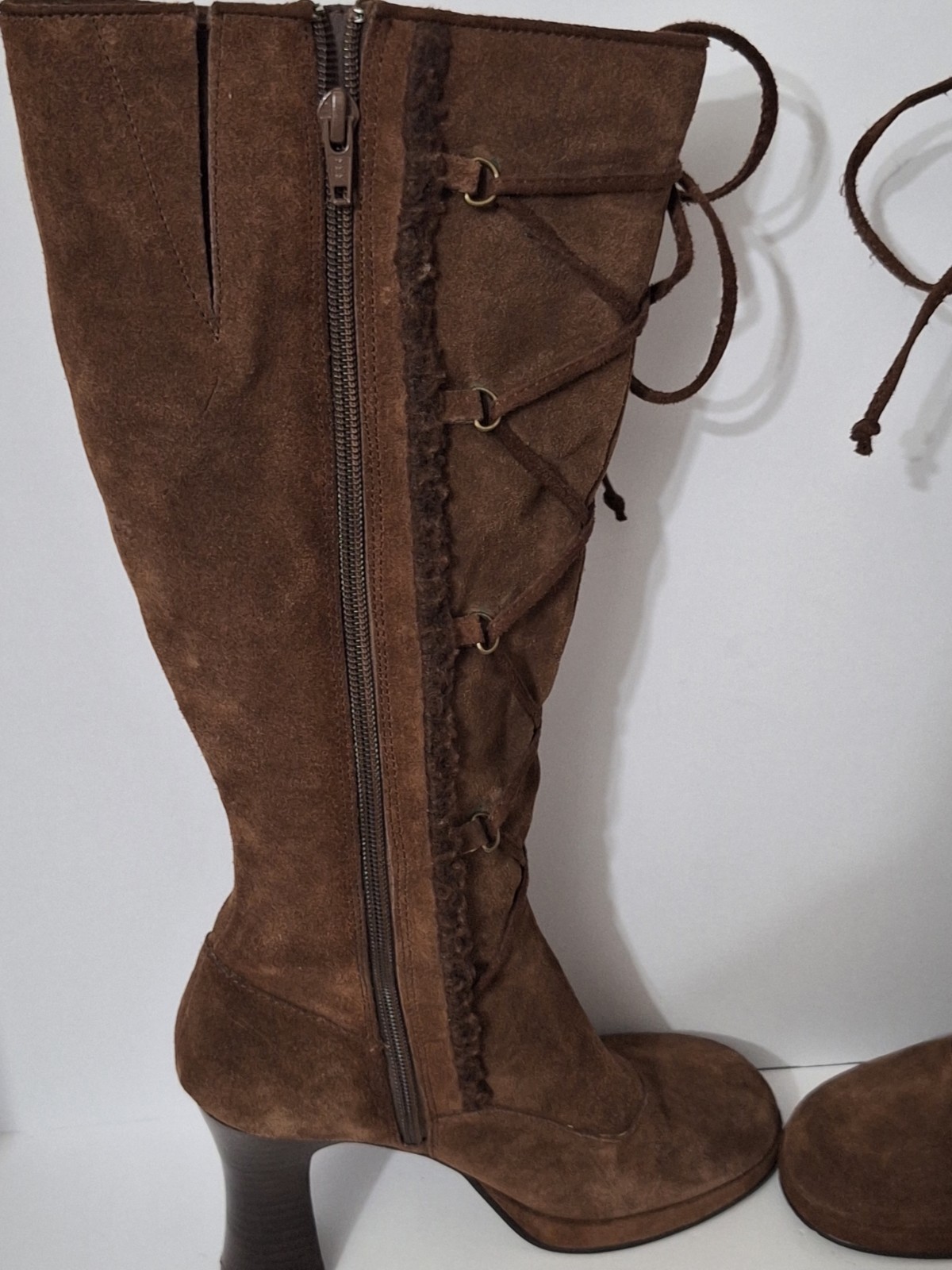 VTG 90s Y2K Mudd Boots Womens 7M Leather Platform Suede Tall Heels Lace Up Bratz