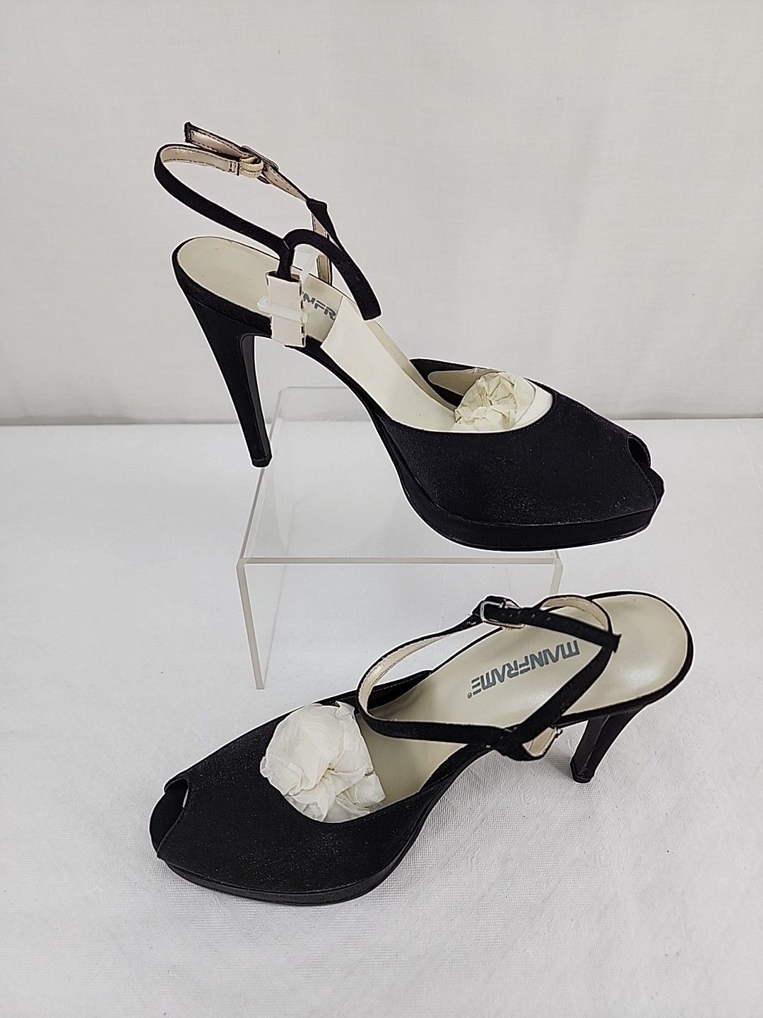 MAINFRAME Black Stiletto Heels 7.5 Shoes Ankle Strap Peep Toe 4.5″ Vintage Y2K