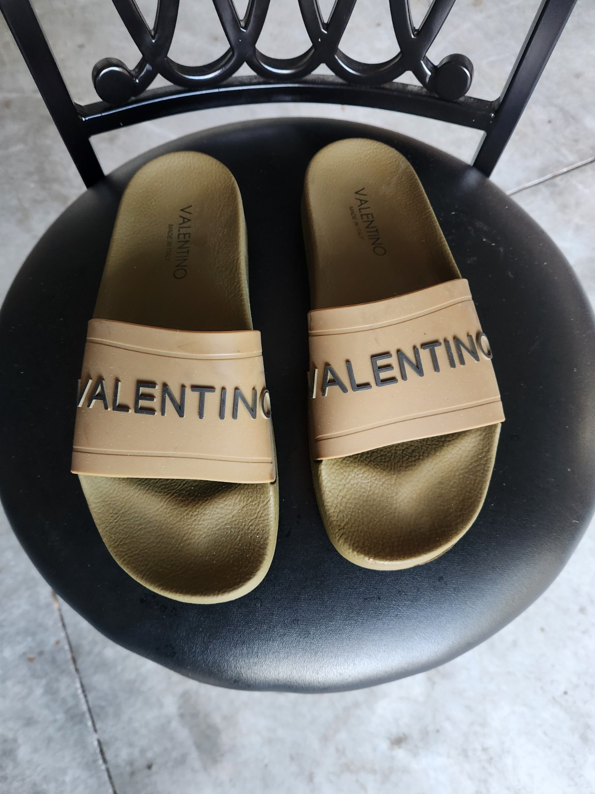 Valentino Logo Strap Slide Sandals Green/Beige Rubber Slip-On Unisex 10