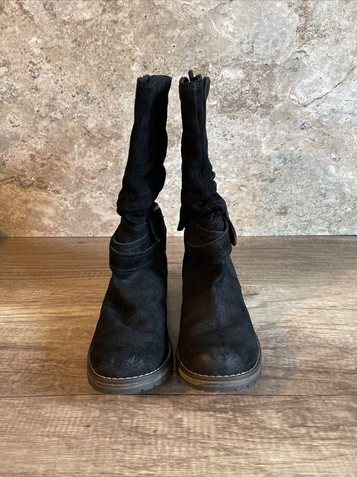 Clarks Women’s Majorca Villa Boots Size 6.5 Slouch Pull On Black Suede Biker