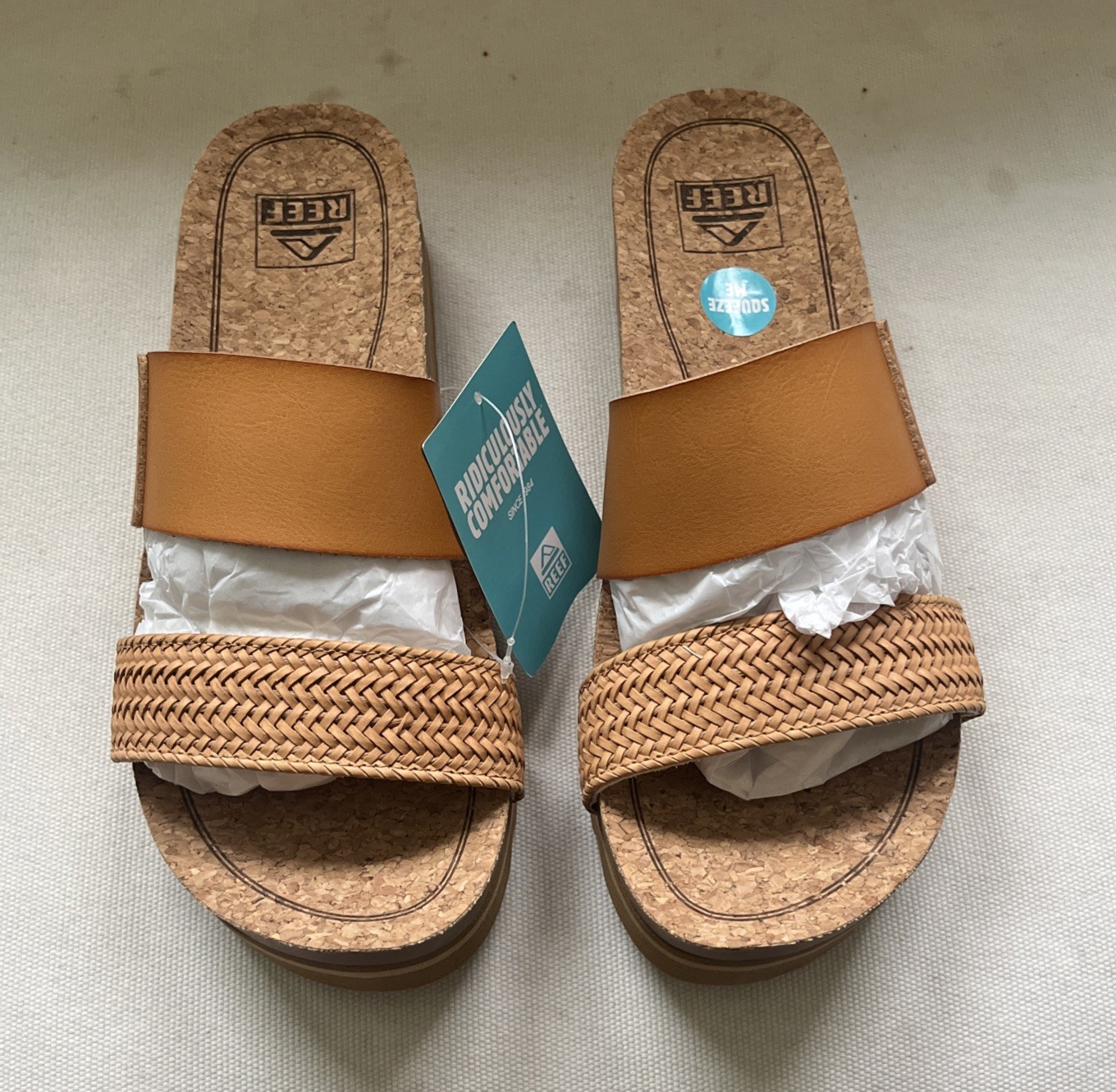 New Reef Sz 7.5 Camel Cushion Comfort Vista Hi Strap Sandals w/a Natural Braid