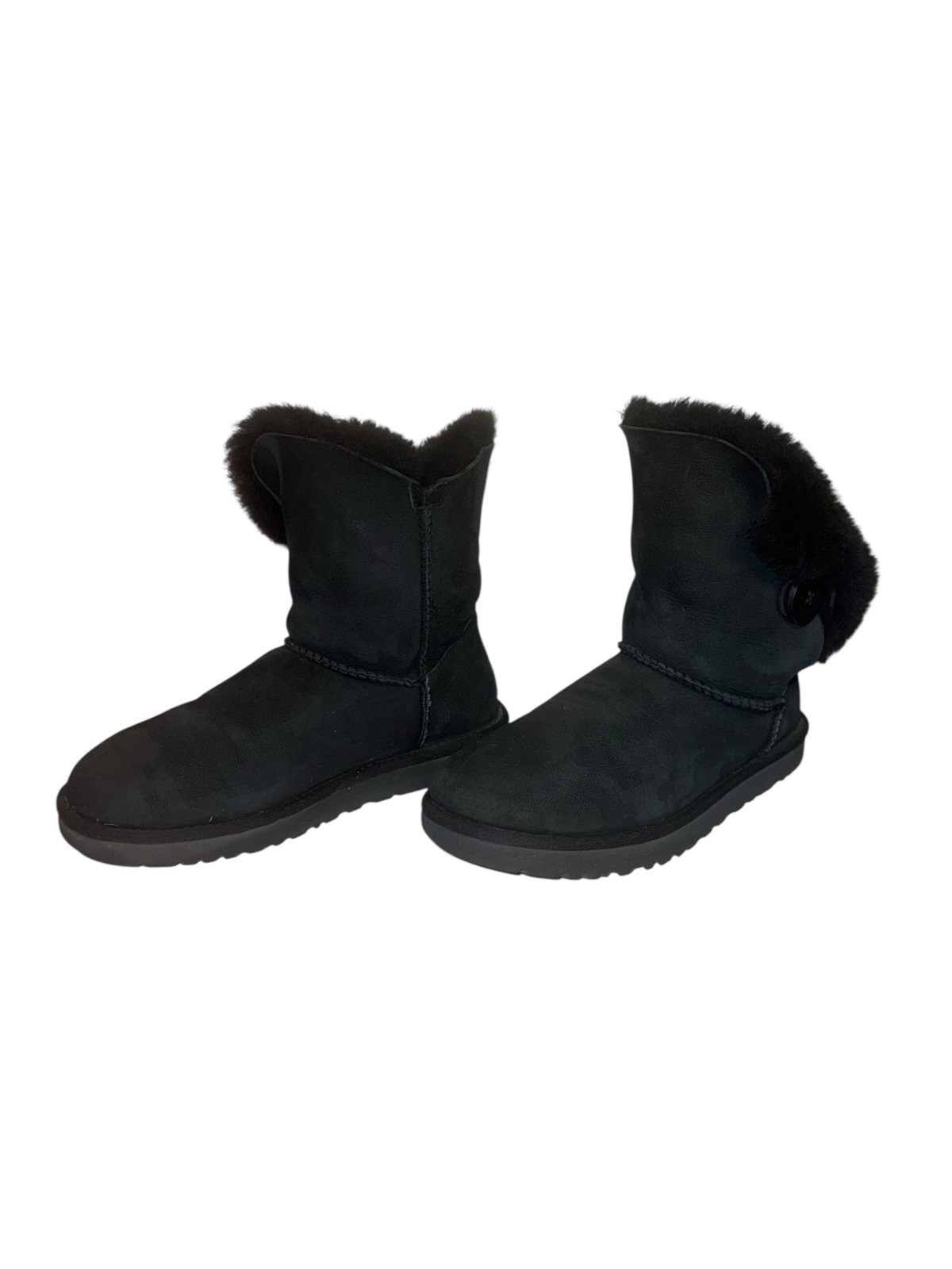 UGG Australia Mini Bailey Button II Logo Sheepskin Boots Black Women’s Sz 7