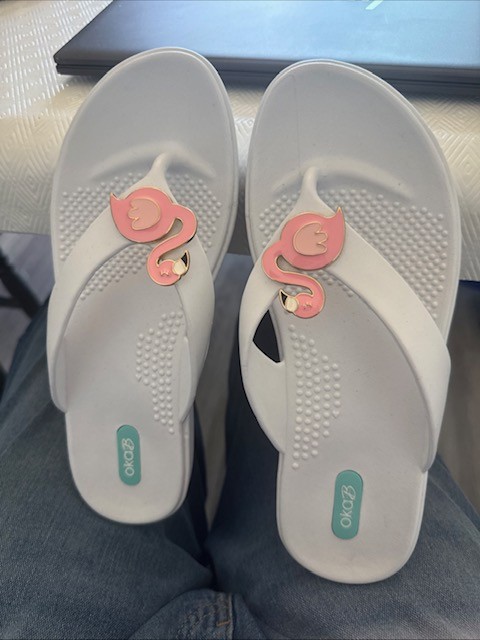 Oka-B Flip Flops White Pink Flamino Design Size M/L NWT Mint Free Shipping