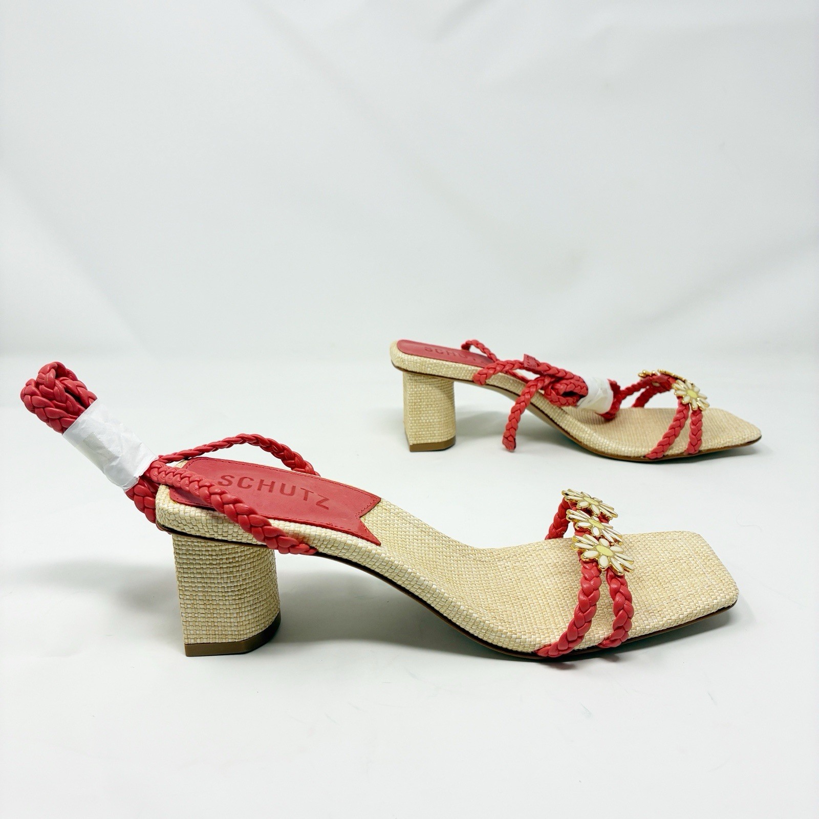 Schutz Hina Coral Block Heel with Daisy Embellishments 6.5 NIB