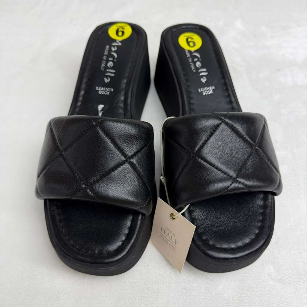 Mariella Women’s Wedge Heel Platform Quilted Leather Slide Sandals Black Sz 9