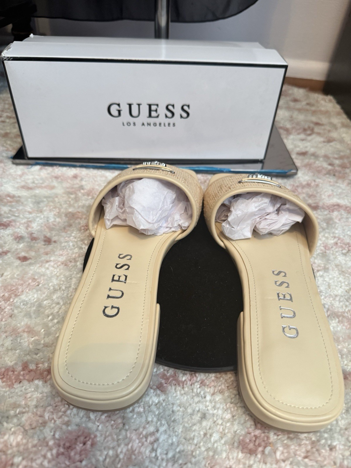 GUESS Beige Logo Slide Sandals Slip-On Slip Resistant Textile Upper 9.5 Women