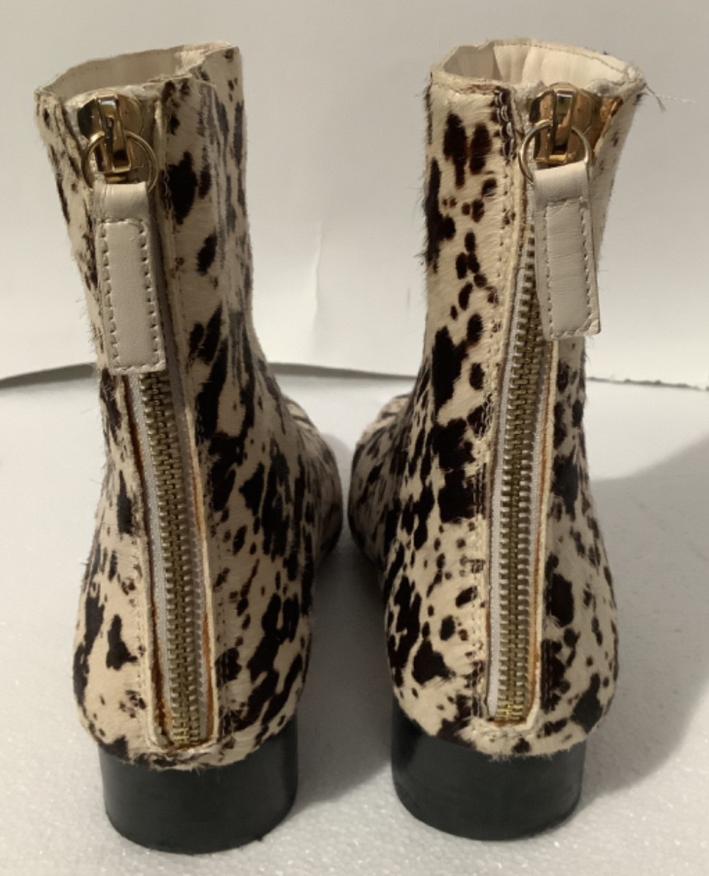 J Crew Roxie Zip-back Ankle Boots in Calf Hair spotted real calf fur Sz 7