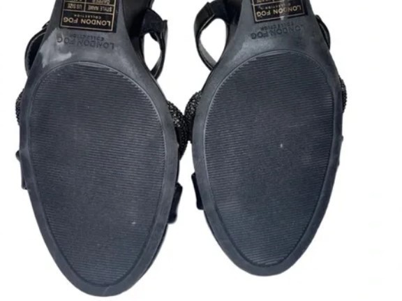 London Fog Dapper Wedge Sandals Black Double Strap Rhinestone 7 Dressy/Wedding