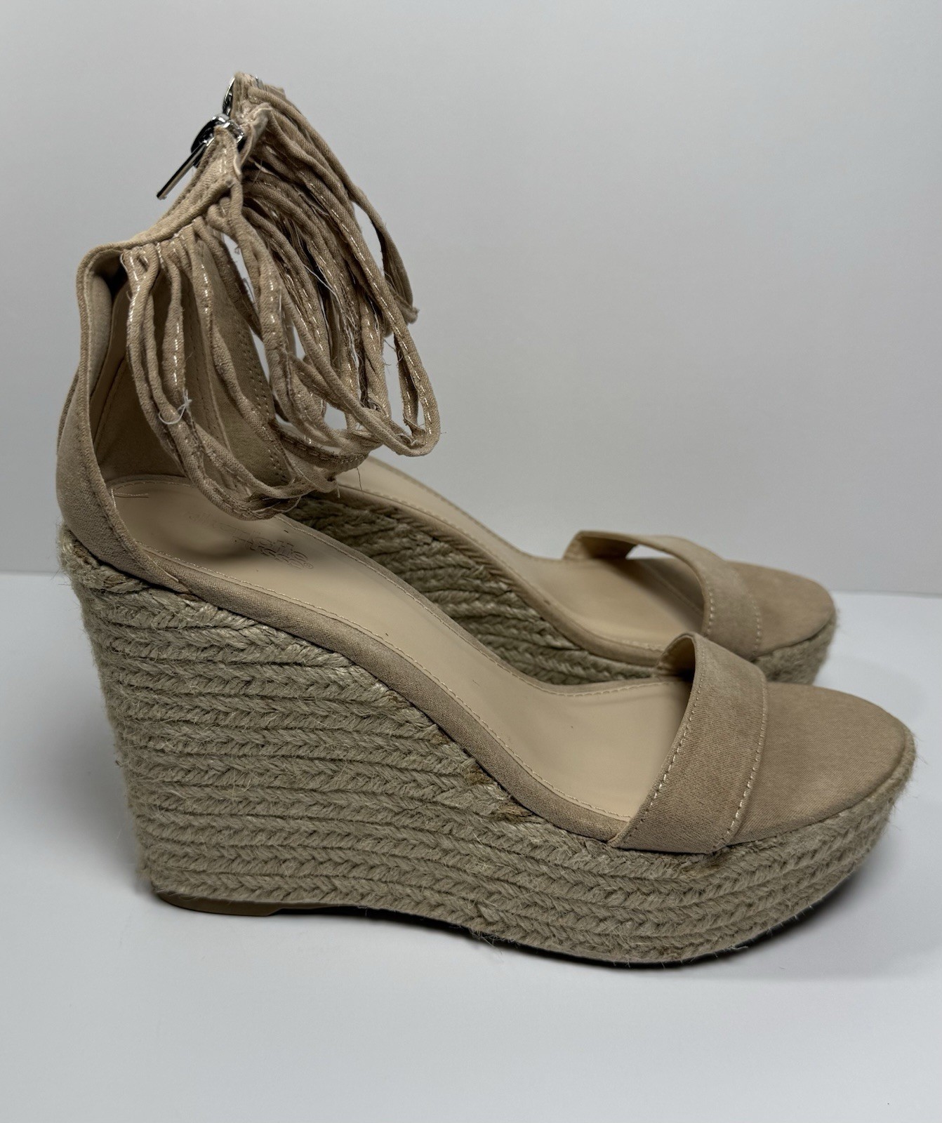 Beige Fringe Espadrille Wedge Sandals Zipper Ankle Strap Fabric Women Size 8