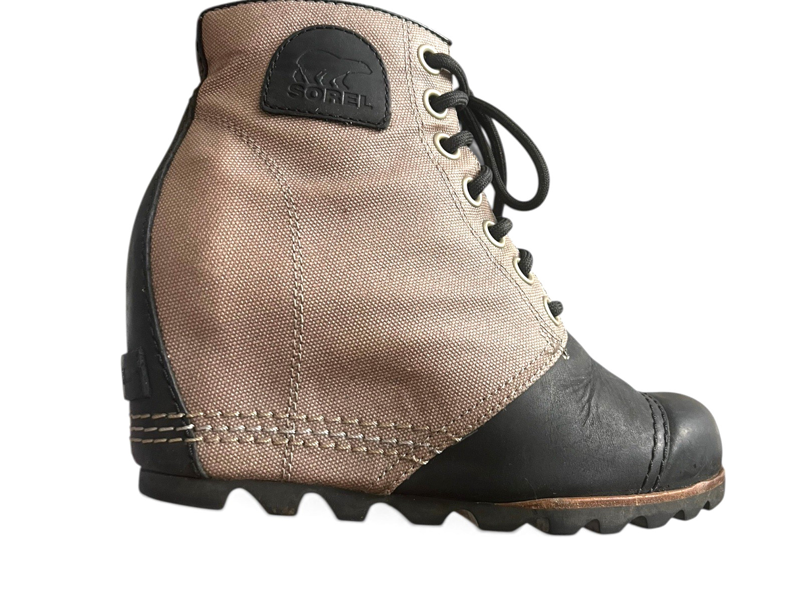 Sorel PDX Wedge Women’s 7 Tan Black Waxed Canvas & Leather Lace Up Boots