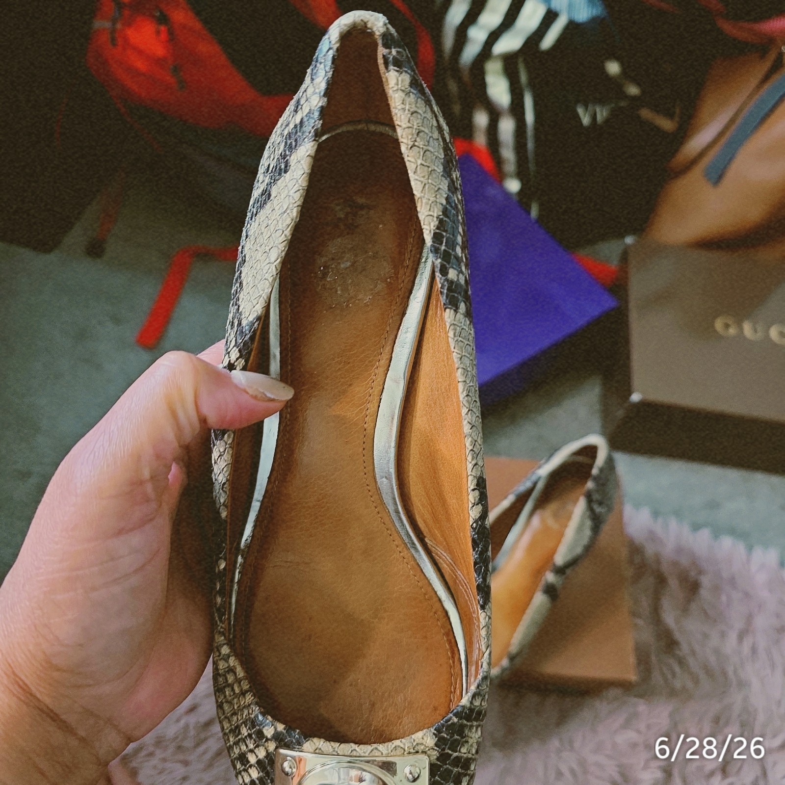 Coach Snake Print Pointed Toe Slingback Flats Slip-On Black/White 8B