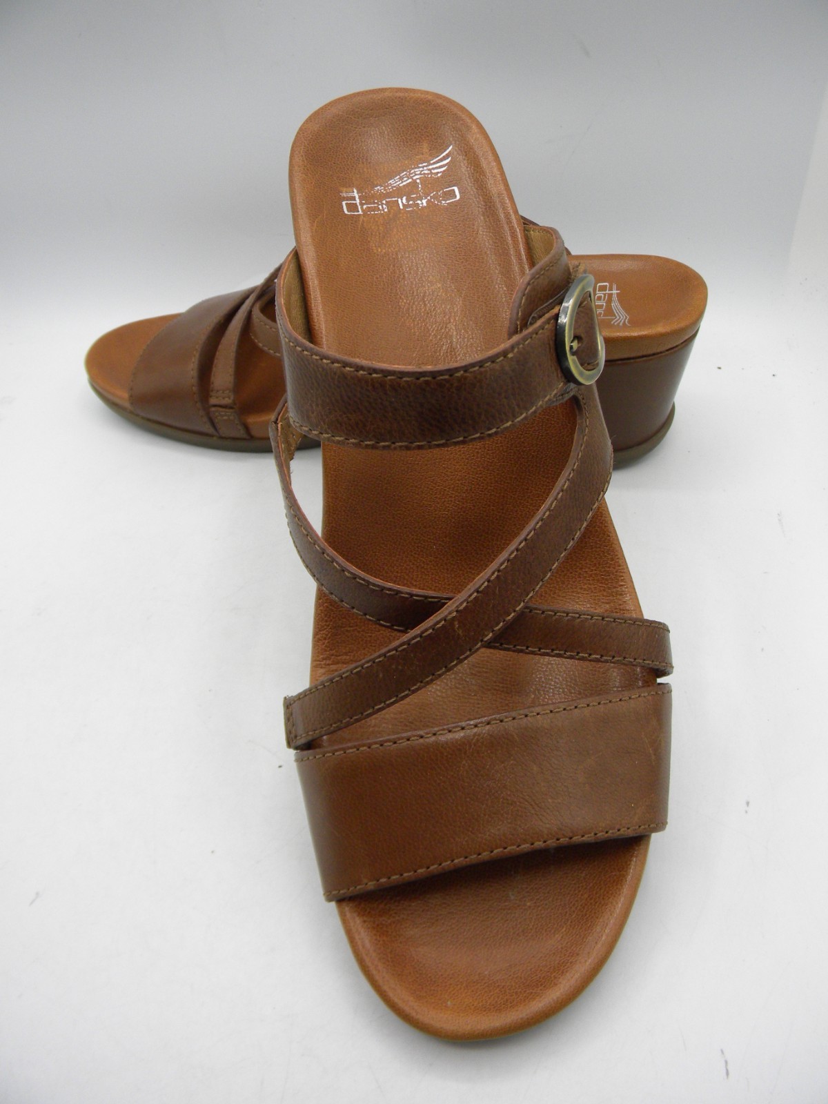 DANSKO Ana Brown Leather Wedge Heel Strappy Slide Sandals Size 40 Display