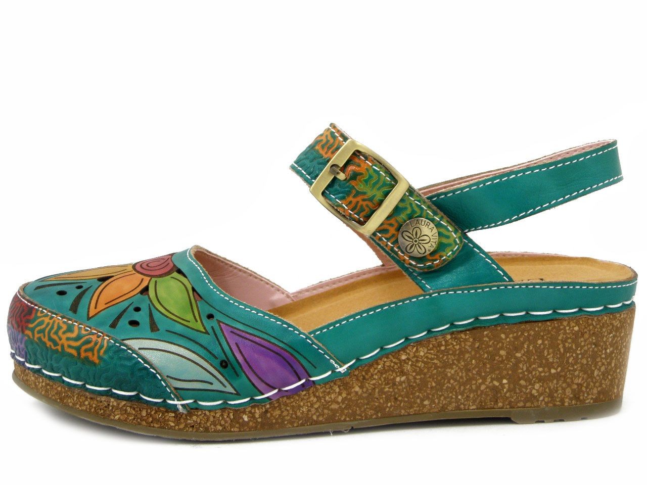 LAURA VITA Women’s Green Leather Multicolor Wedge and Platform Clog