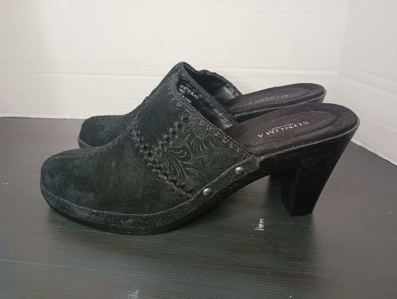 Sonoma Womens Y2K Chunky Heel Mules 7 Velvet Stud Western Dark Bohemian Goth