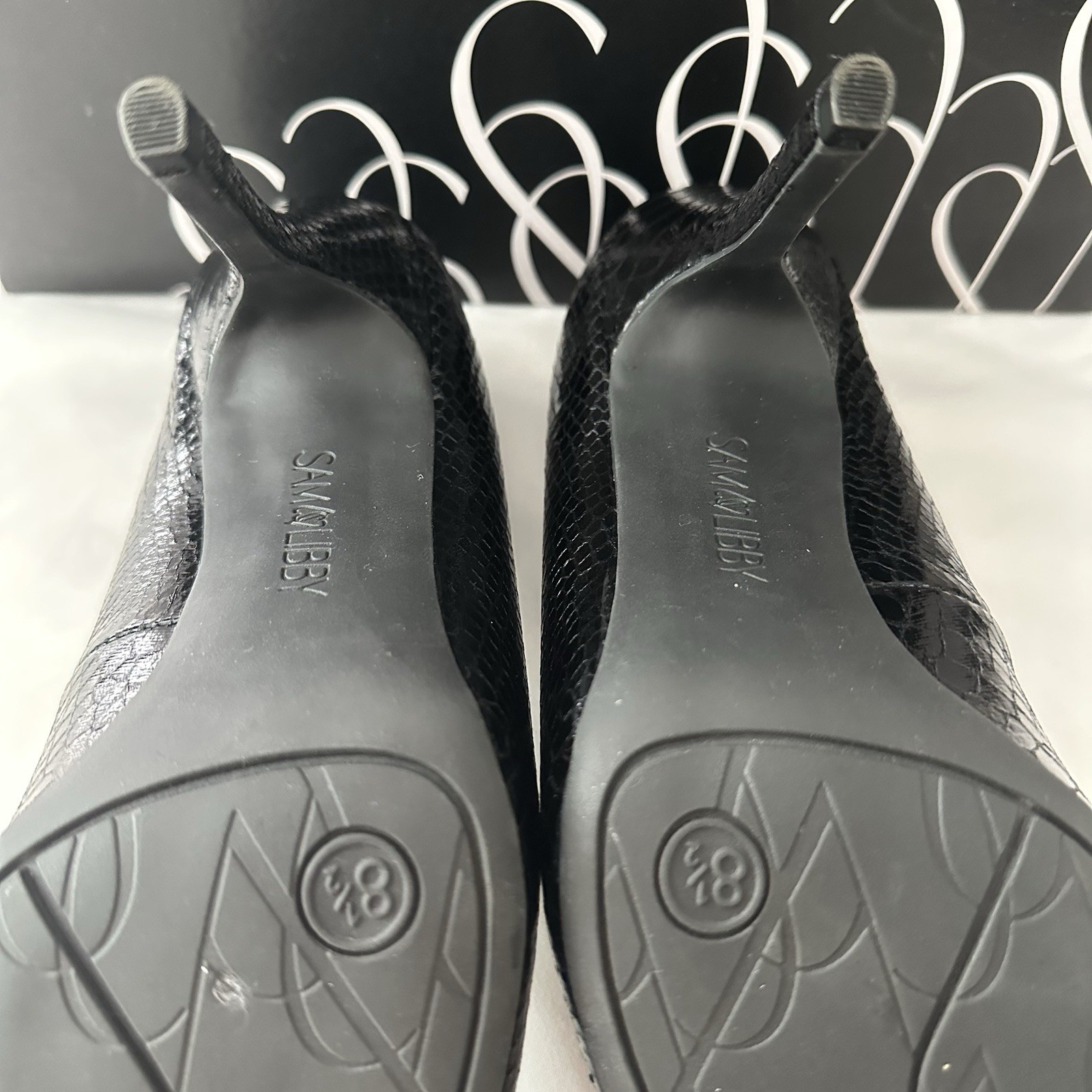 Sam & Libby Dominique Pointy Toe Stiletto Size 8.5 Black Faux Snakeskin 4″ Heel