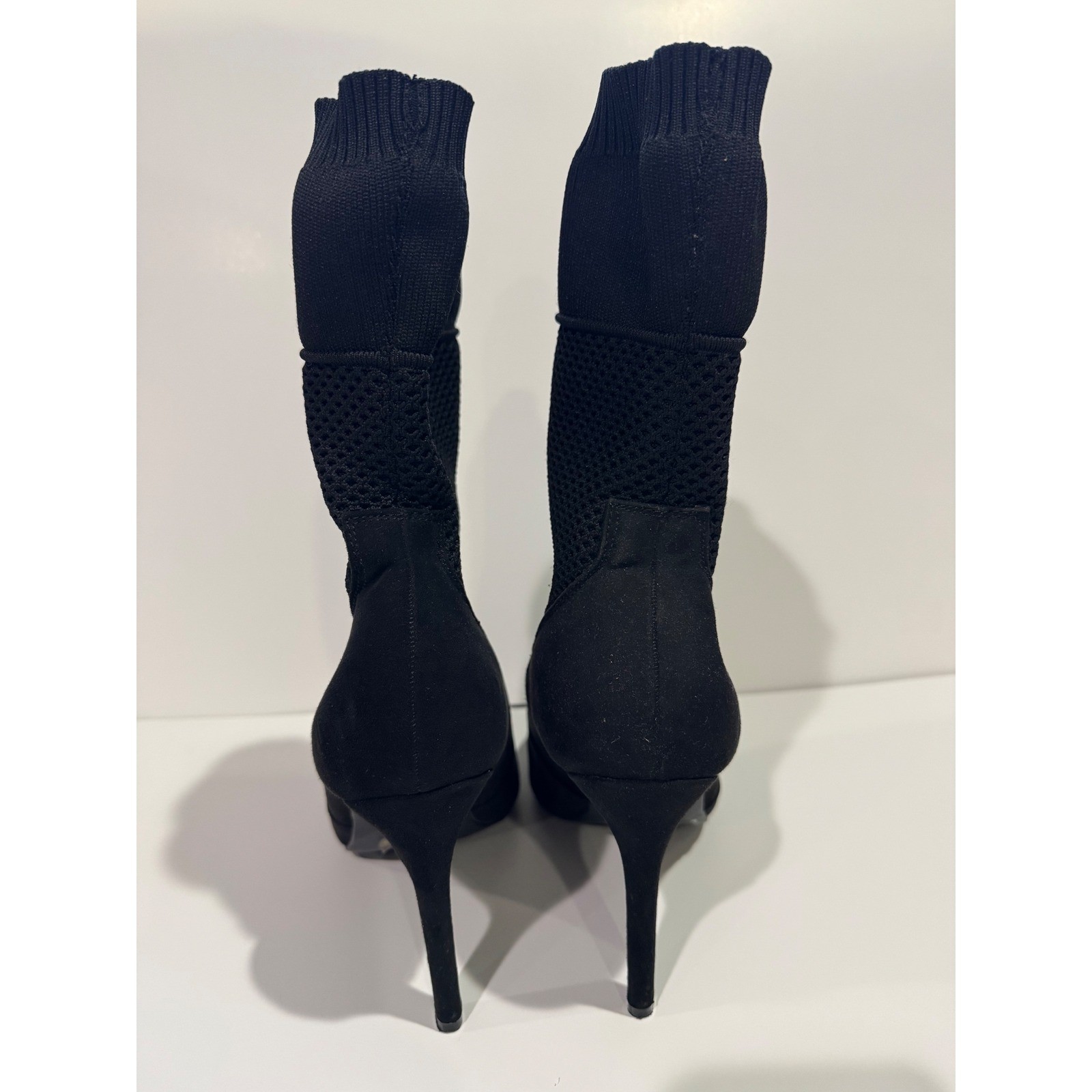 Anne Michelle Black Sock Booties Mesh Knit Stiletto Pointed Toe Mid Calf Size 8