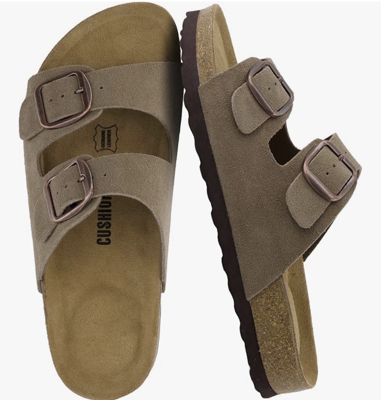 NWB Cushionaire Suede Leather Sandals 9 W 39.5 Logo-L Moss Brown 2 Strap Buckle