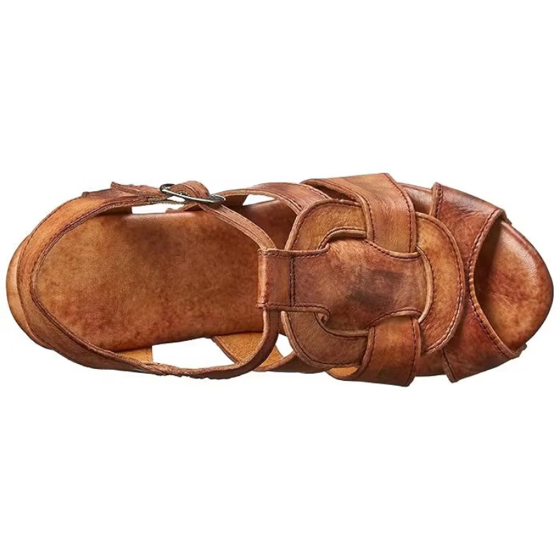 FSJ Vintage Brown Distressed Peep Toe Platform Heels Studded Clog Sandals