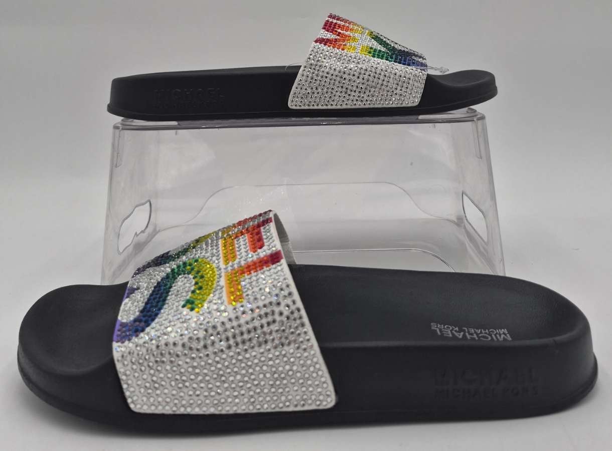 Michael Kors Gilmore Iconic white Rainbow Crystal MK Logo Slides I Love shoes