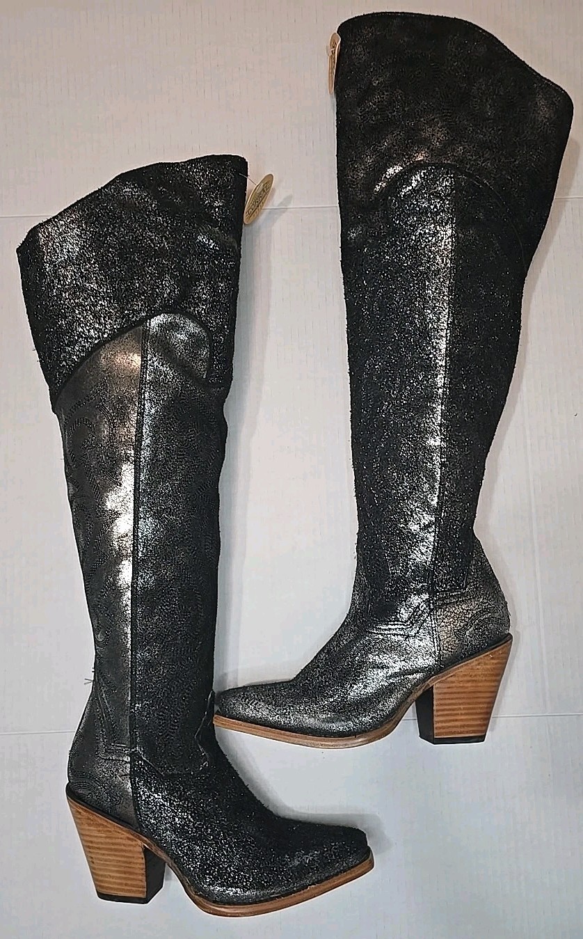 Size 6 Corral Black Silver Metallic Over The Knee Pointed Toe Z5245
