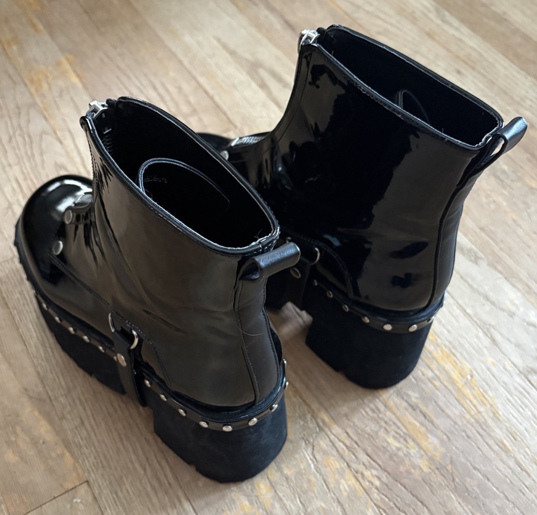 Demonia ASHES-100 Black Patent Platform Ankle Boots Lug Sole Studded US 9