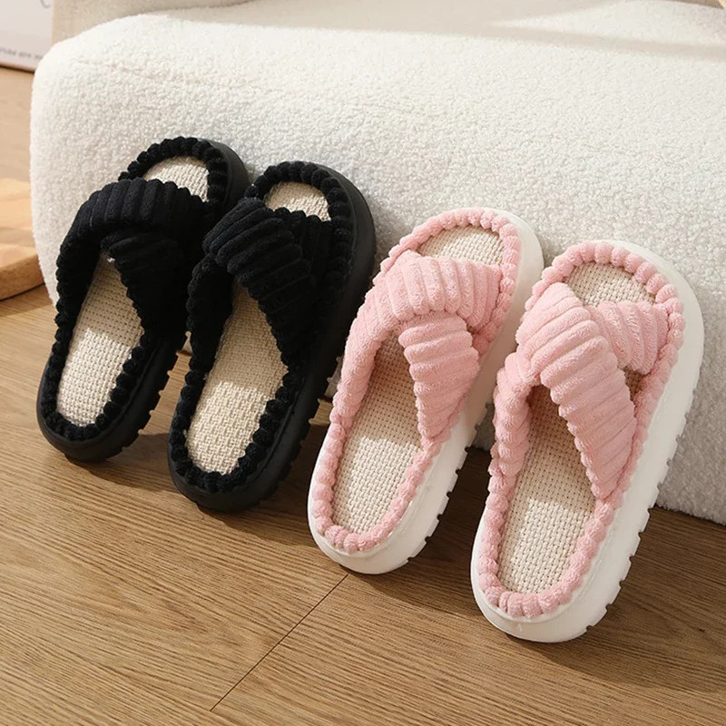 Pink Corduroy Cross Strap Home Slippers Women Winter 2025 Breathable Thick Sole