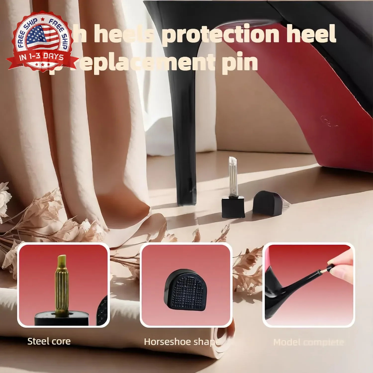 10 Pairs High Heel Tips Replacement – U/Cap Style, 2.4mm & 3mm Metal Core, 5 Siz