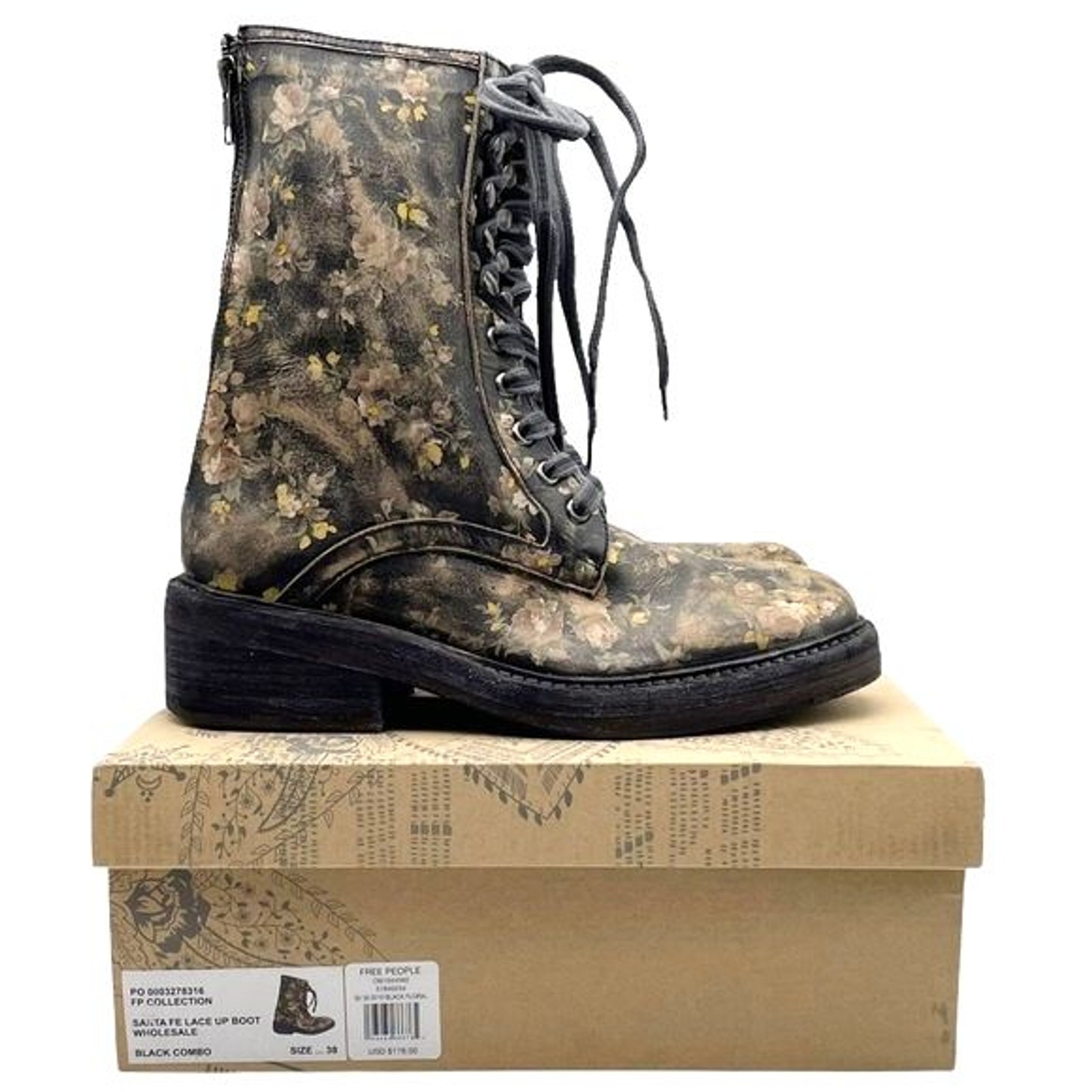 Free People Black Floral Leather Lace-Up Combat Boot Sz 8 Grunge Boho New In Box
