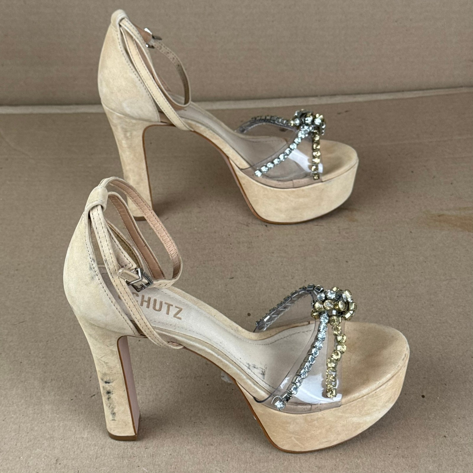 Schutz Jayda Platform Heels Nude Clear Rhinestone Strap Sandals Women 7.5B