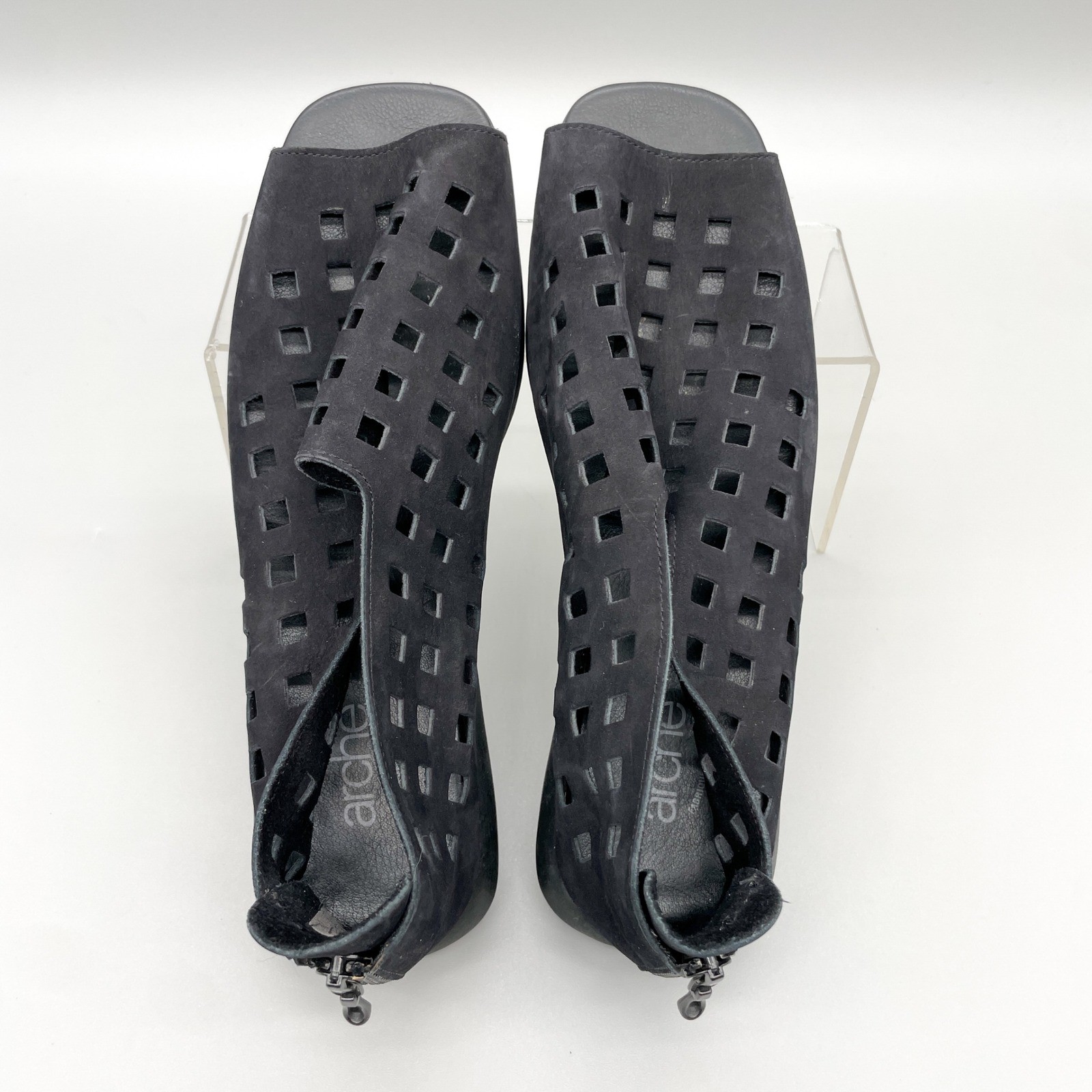Arche Drick Womens 40 Black Nubuck Leather Perforated Laser Cut Sandas Zip Wedge