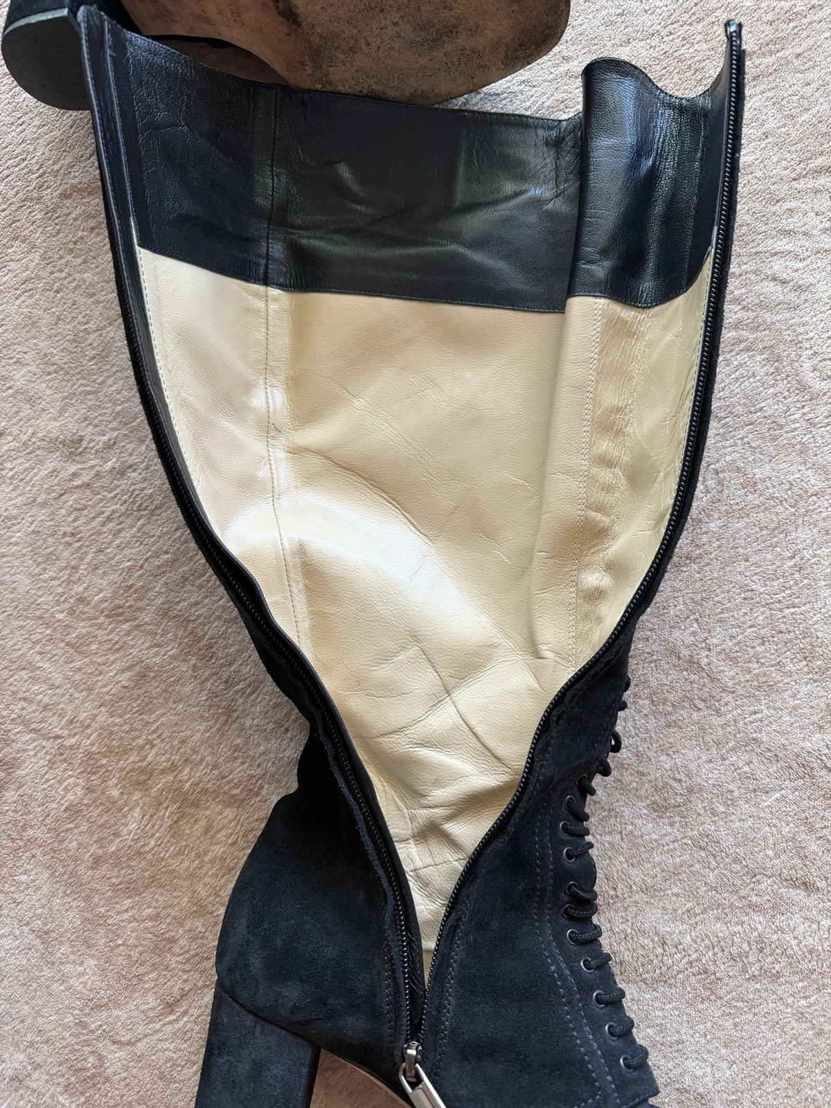 Theory Women’s Black Suede Knee-High Riding Boots Lace-Up Zip Almond Toe