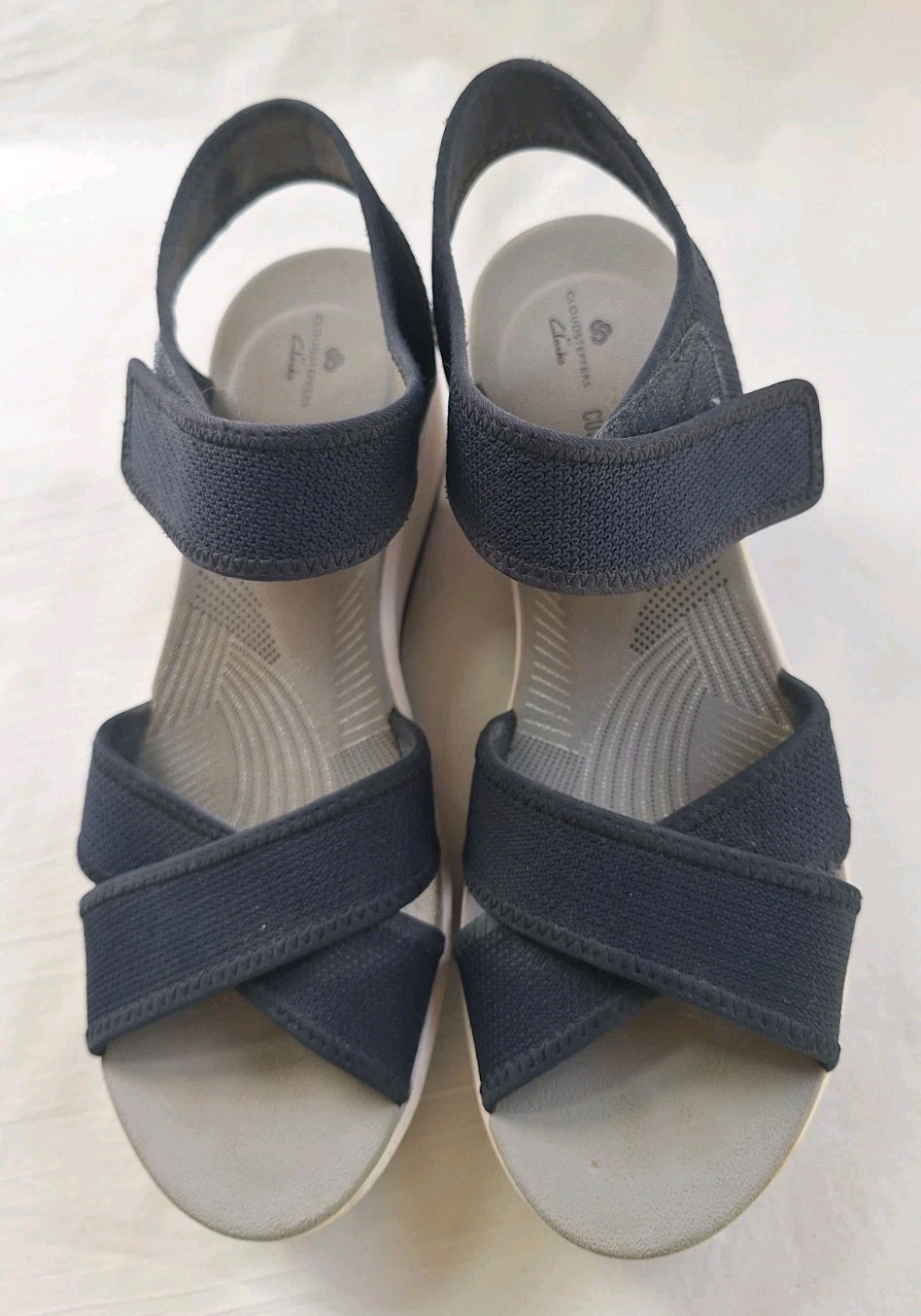 Clarks Cloudstepper Cushion Sandal Womens9.5M Blue Fabric Rip Tape Straps 2.5in