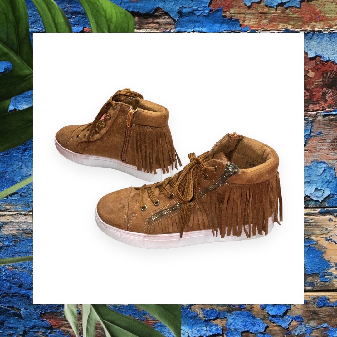 Unknown Brand Rust Faux Suede Textile Upper Ankle Zip Shoes w Fringe Women Sz 8