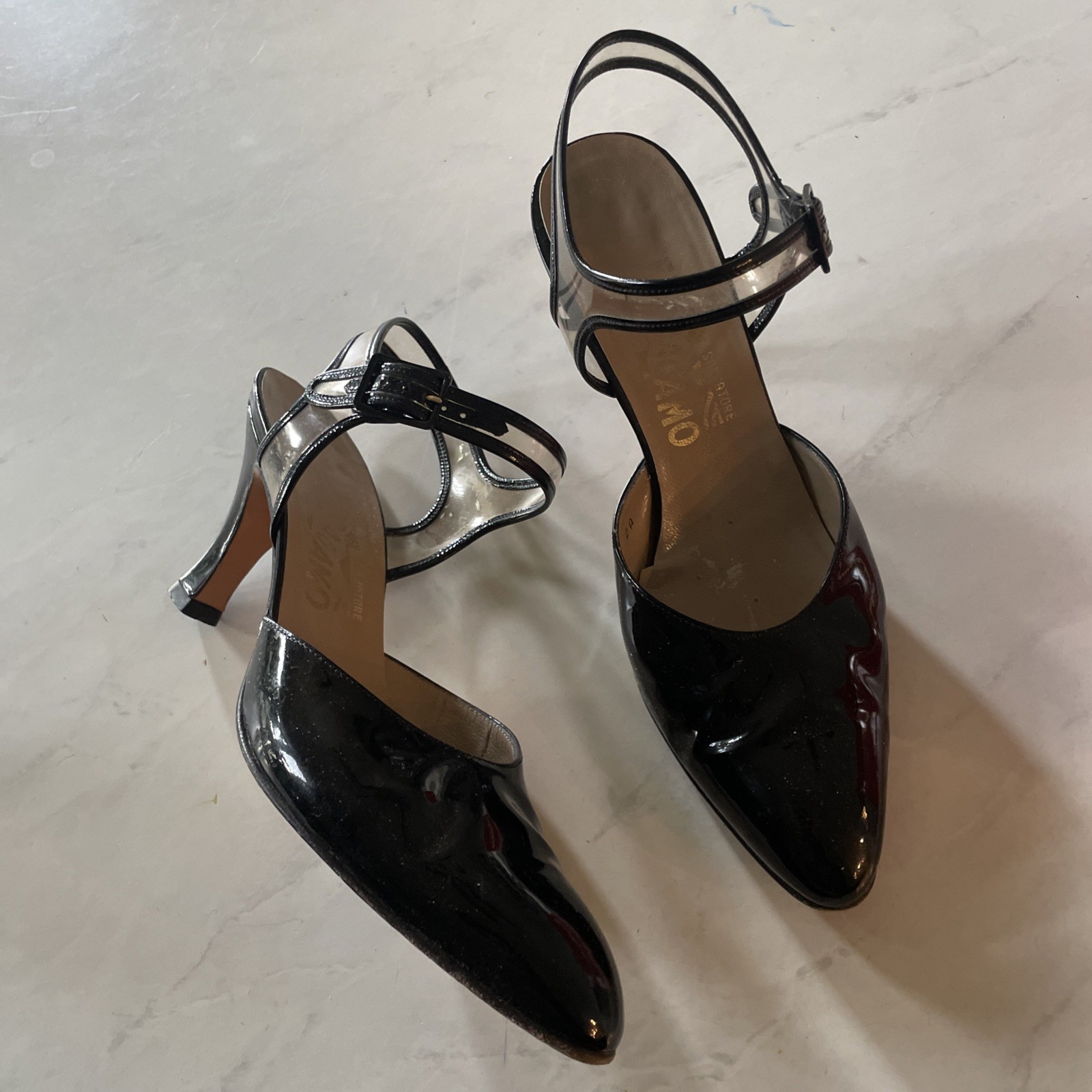 Salvatore Ferragamo Patent Leather Pumps Transparent Clear Strap 7.5 AA Black