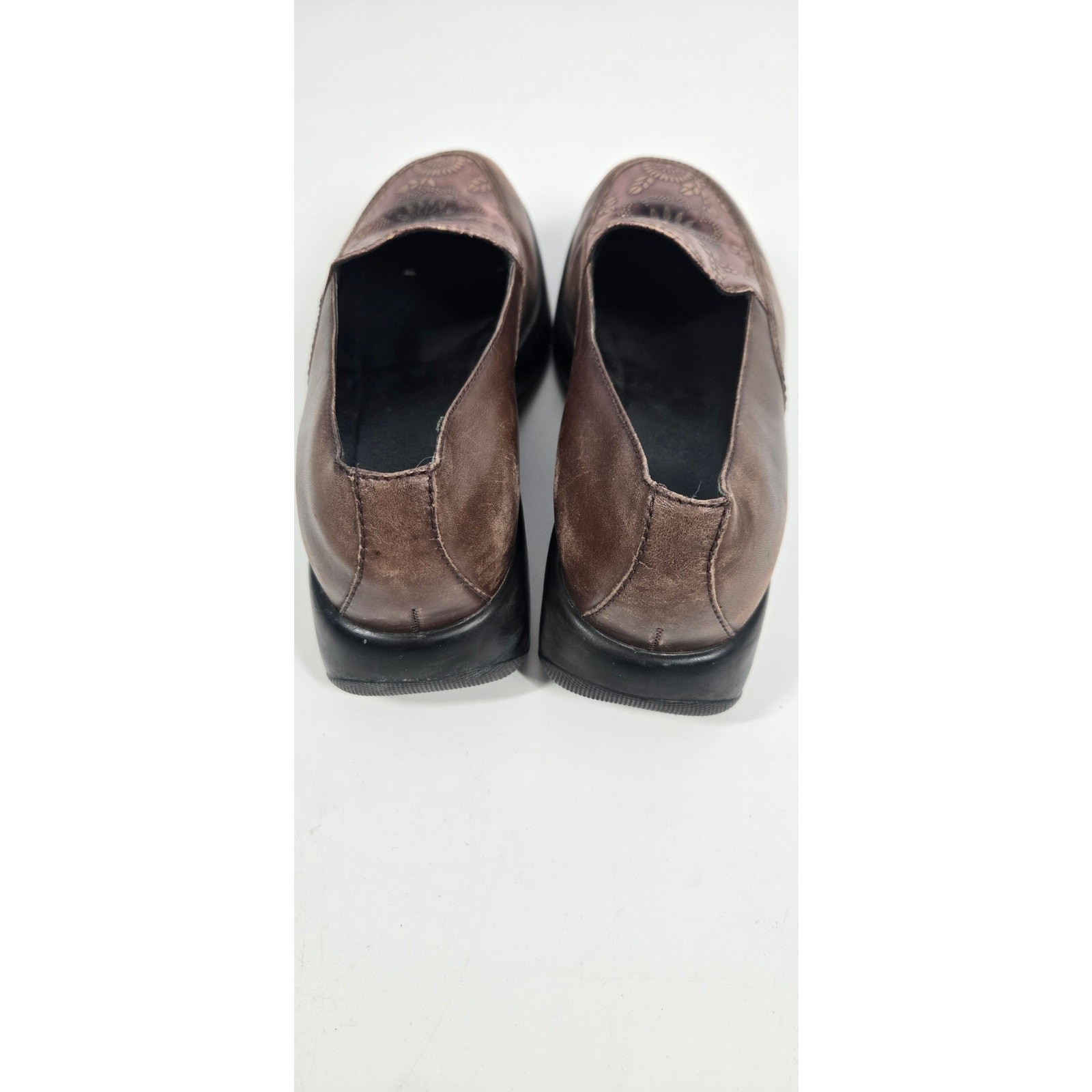 Dansko Brown Leather Floral Gold Embossed Slip On Clogs Comfort Casual Workwear