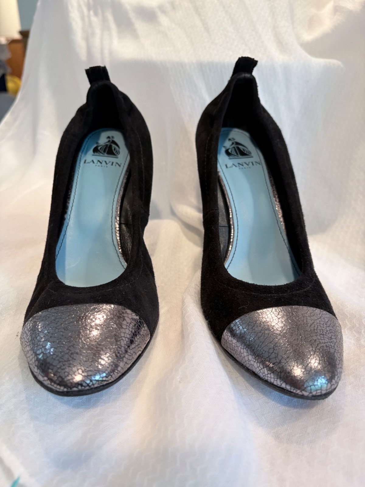 LANVIN Paris Suede & Metallic Cap-Toe Wedge Pumps | Size 38 | Black & Gunmetal S