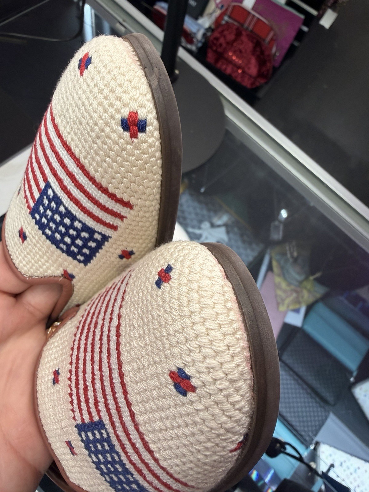 By Paige Needlepoint Loafer American Flag Tan Red White Blue Size 8