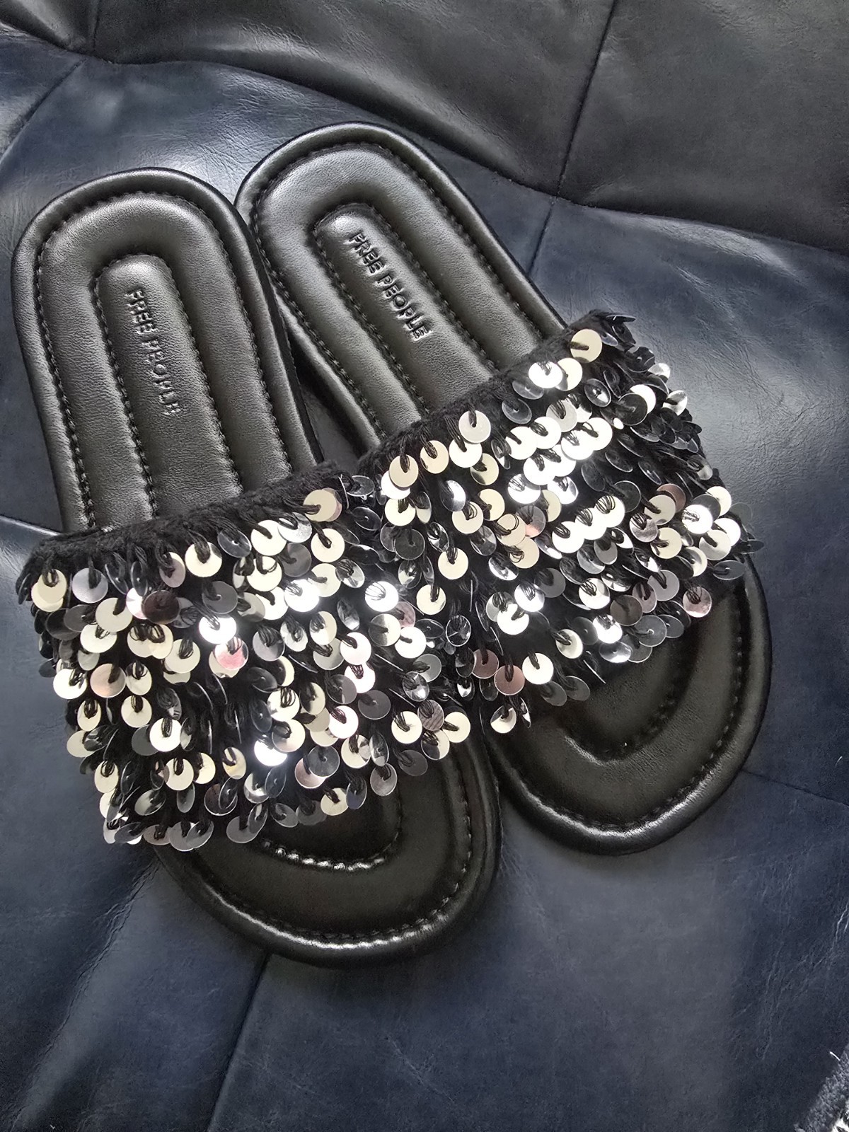 Free People Shipwreck Surf Sandals Black Sequin Embellished Boho Slide 8 New