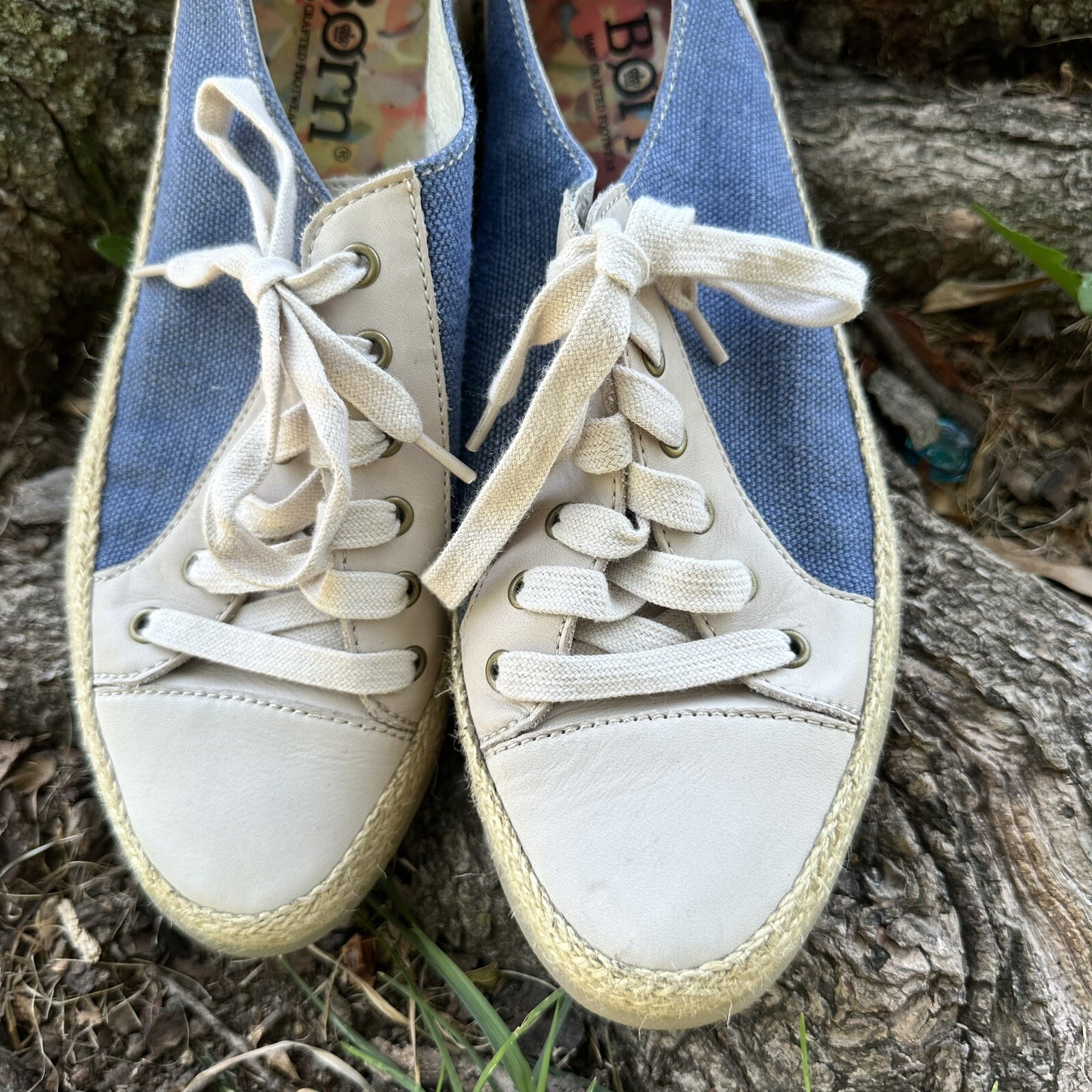 Born Corfield Blue Canvas Leather Espadrille Sneakers 9M Floral Insole Coastal