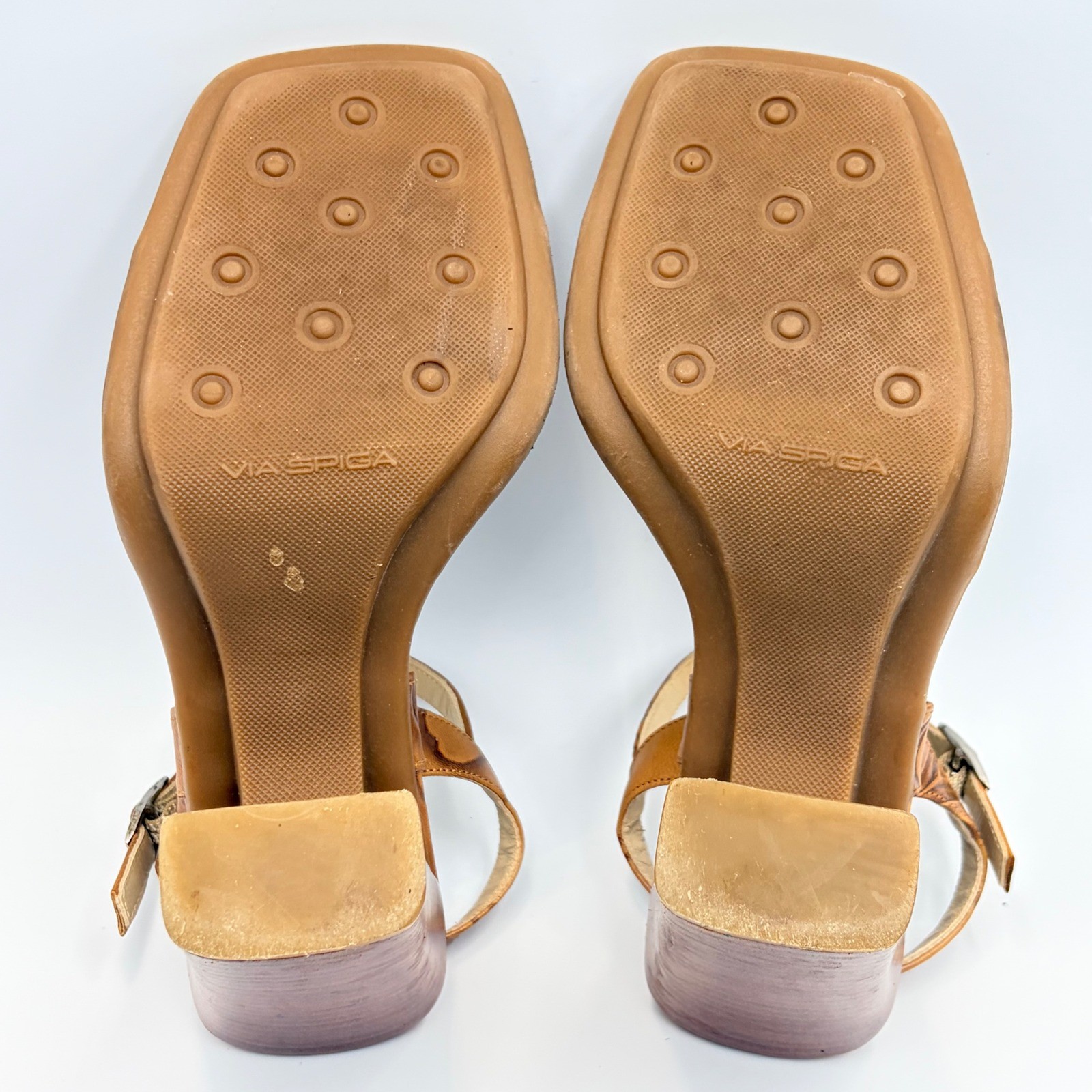Via Spiga Womens 6 Tan Embossed Leather Block Heel Sandals Square Toe Italy