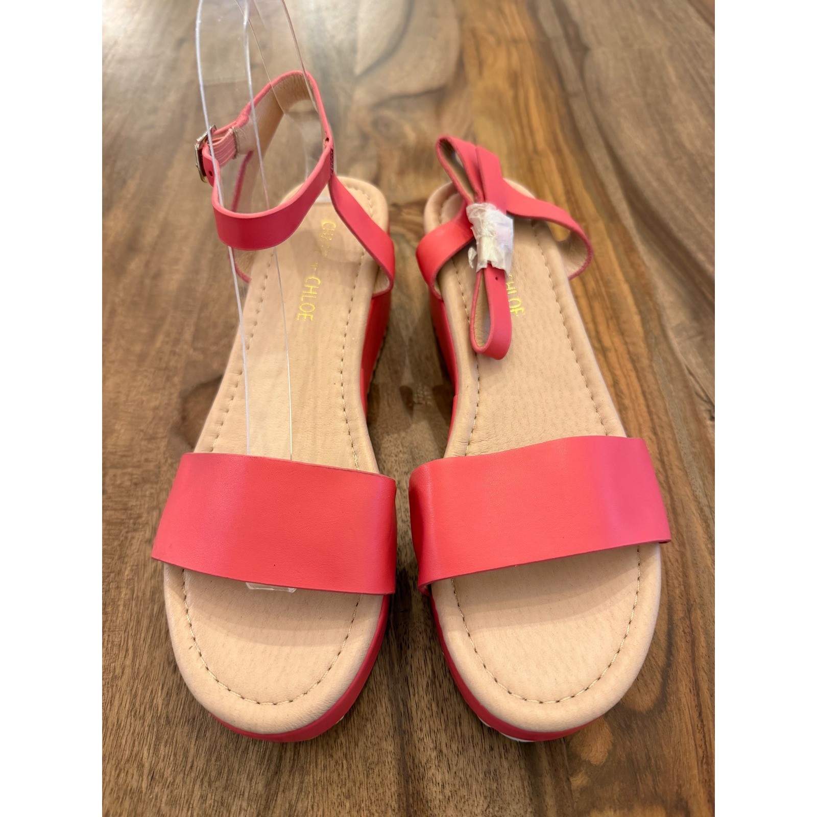 Chase &Chloe Pink Platform Wedge Sandals Ankle Strap Studded Sawtooth Womens 8