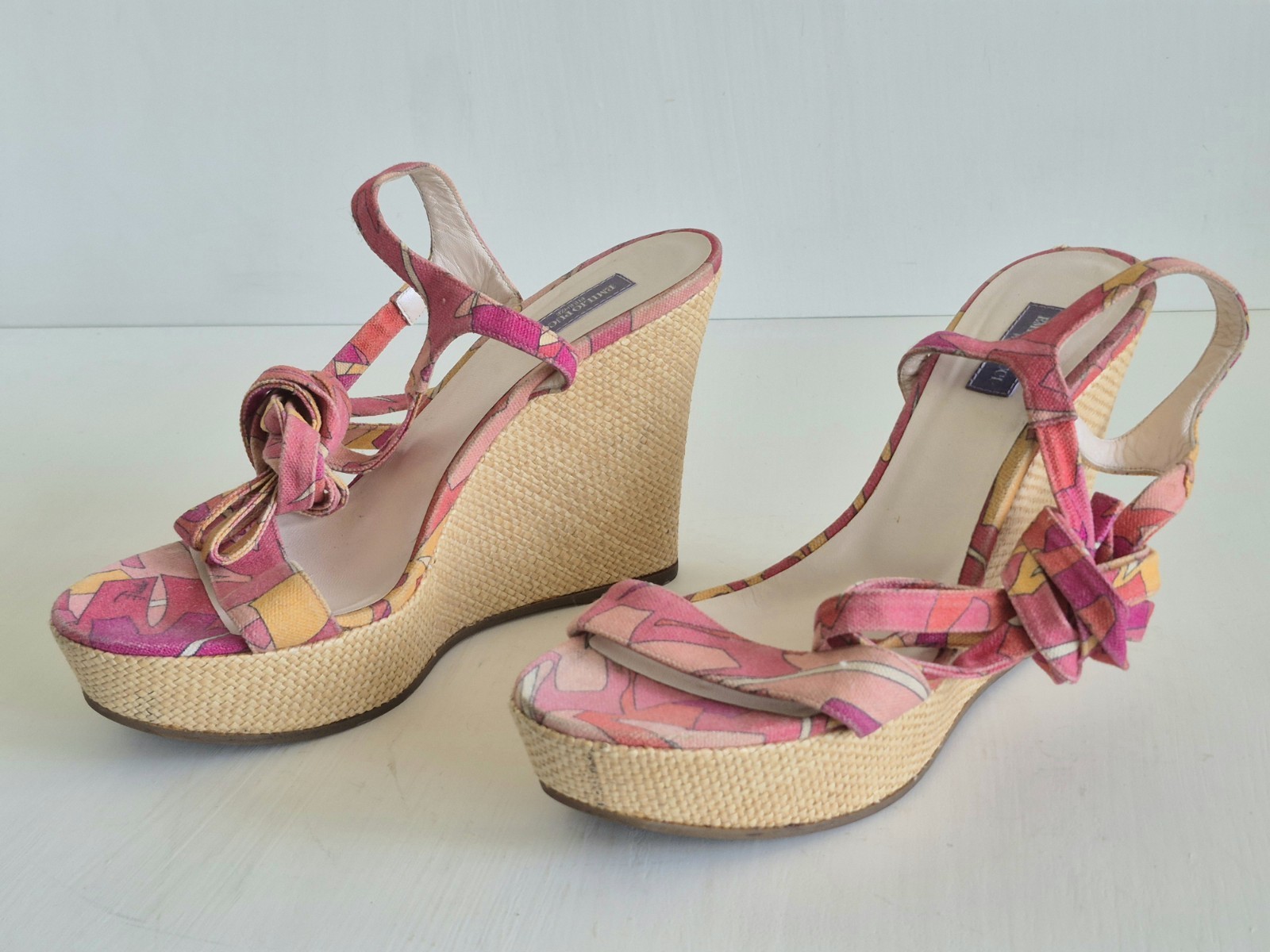 Emilio Pucci Italy Espadrille Multicolor Print Ankle Tie Wedges SZ 9 U S/EU 40