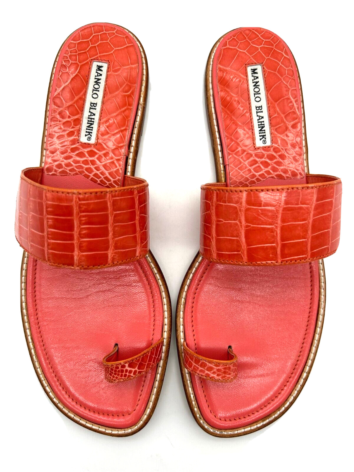 Manolo Blahnik Crocodile Leather Toe Loop Flat Thong Sandals Handmade Italy Rare