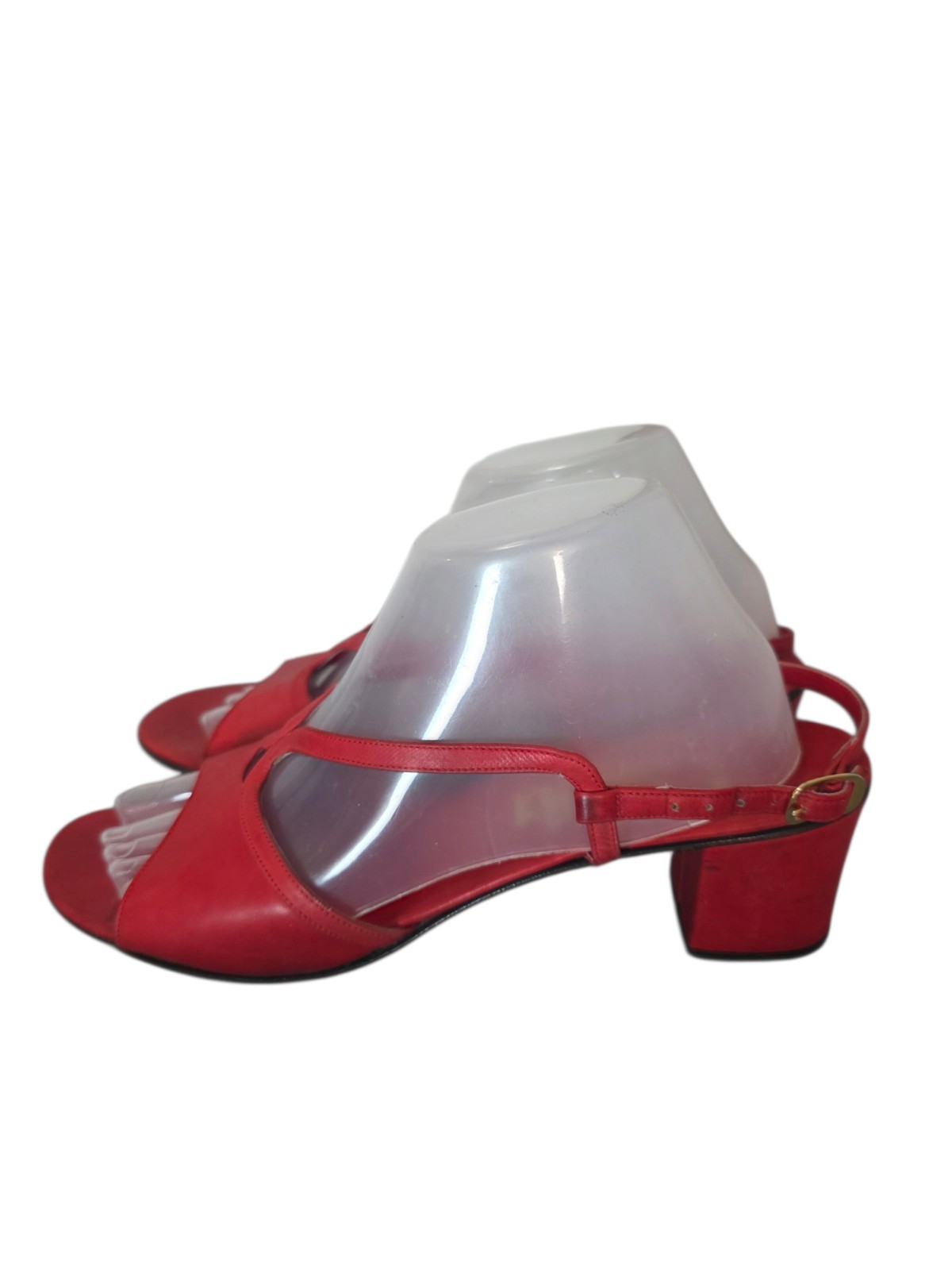 Red Italian Leather Sandals Womens 10N Ankle Strap Block Heel Vintage