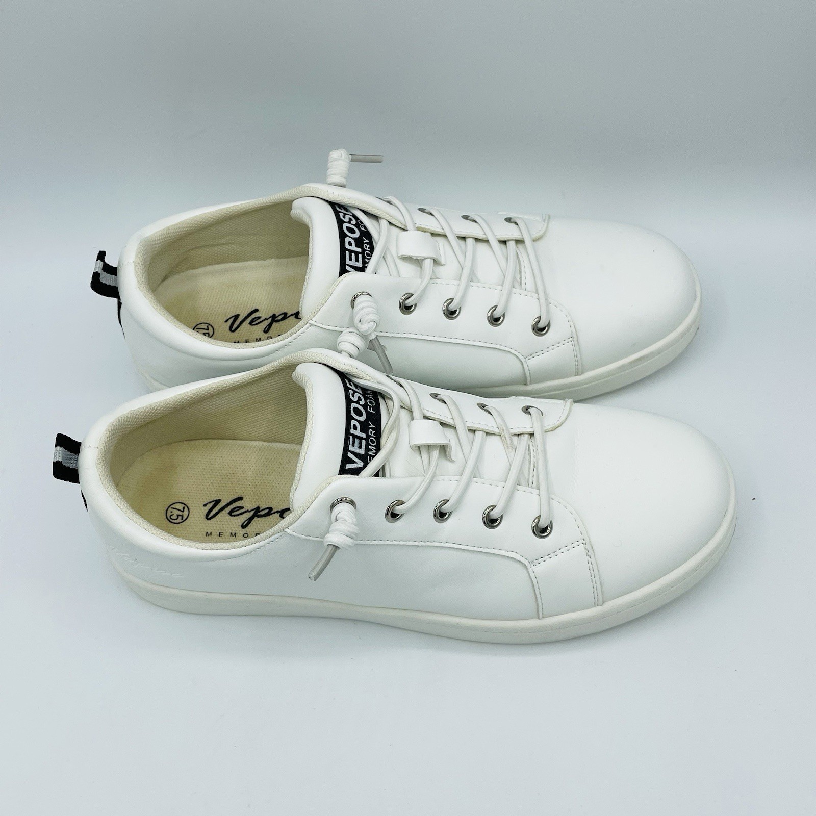 Womens Size 7.5 Vepose Shoes White Elastic Lace Up Slip On Comfort Sneakers