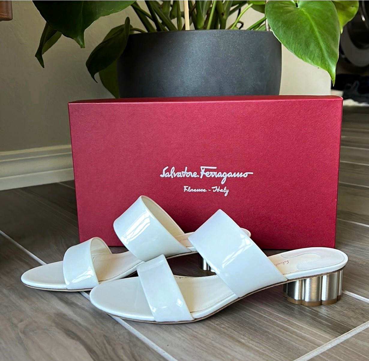 Salvatore Ferragamo White Patent Leather Logo Strap Slide Sandals US 7B