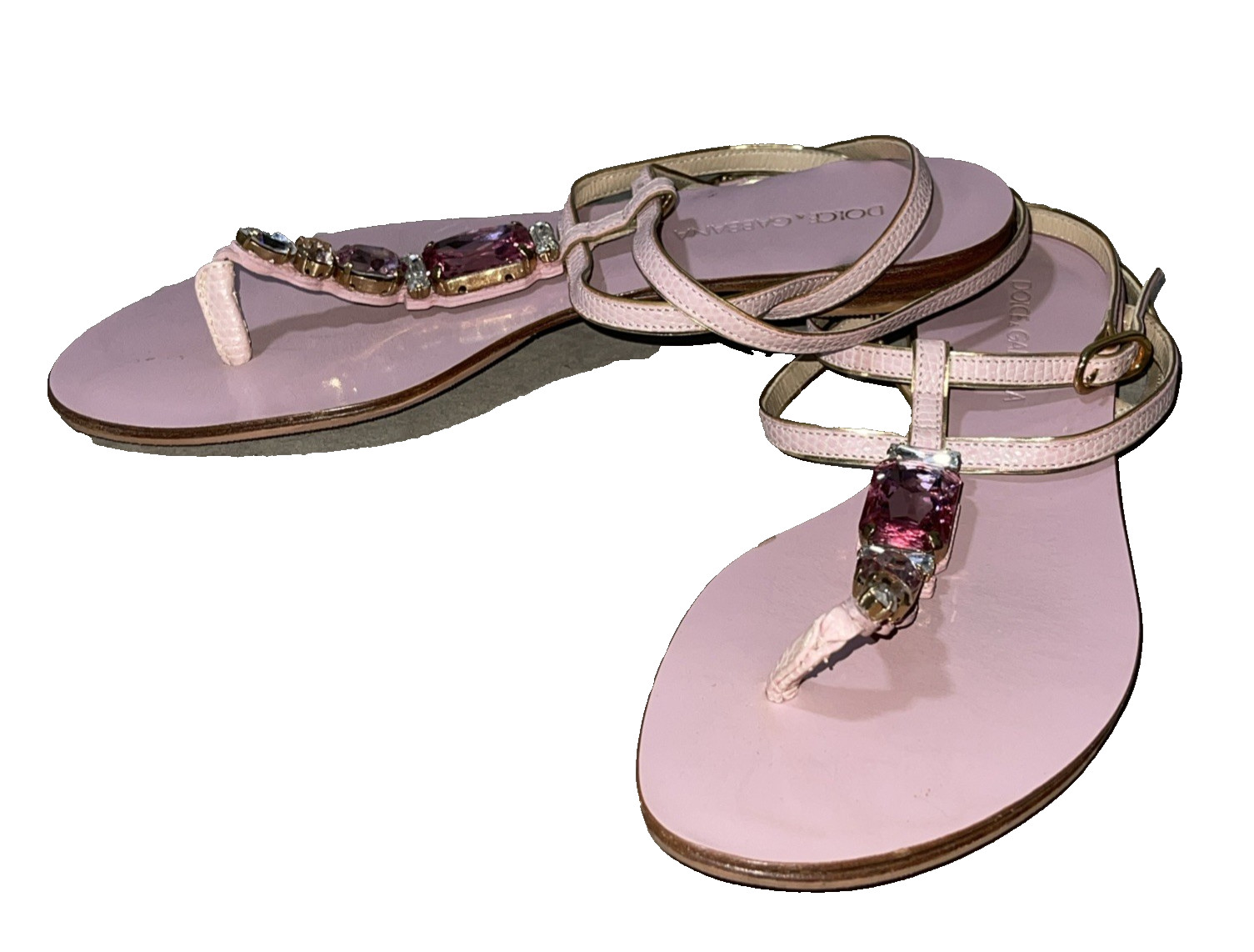 Dolce & Gabbana Pink Leather Crystal Thong T strap Flats Sandals US 5.5 6 IT 36