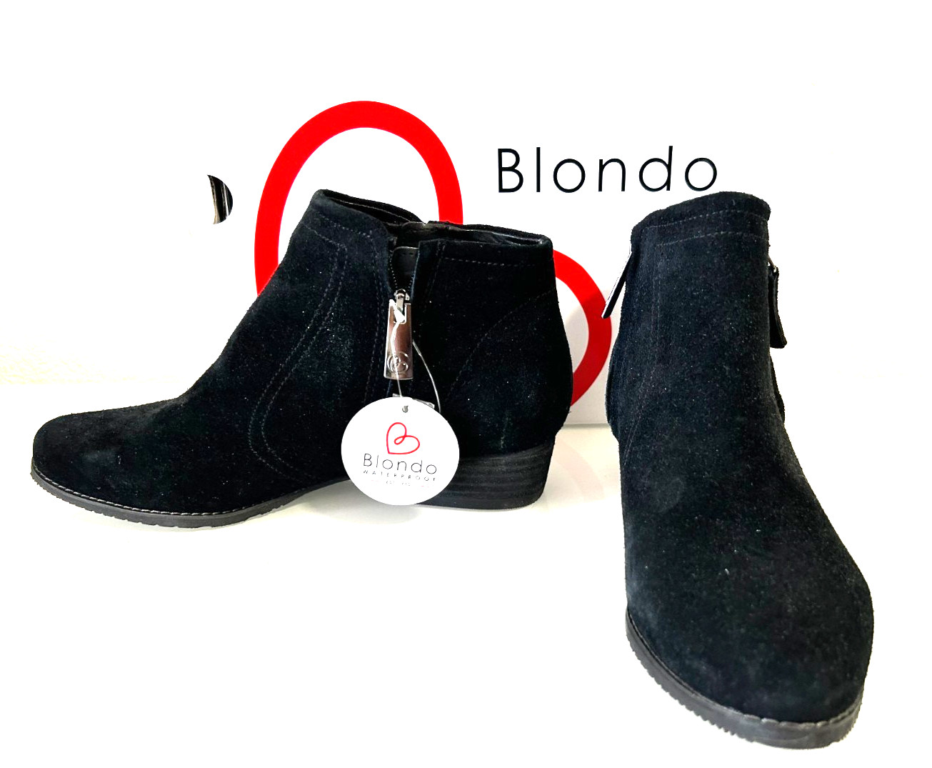 Blondo Women’s Ida Black Suede Ankle Bootie Waterproof 7 M Zip Block Heel NIB