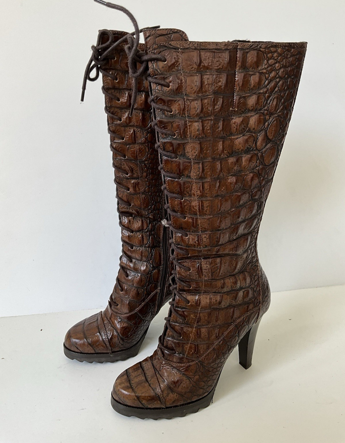 Donald J Pliner Daria Brown Croc Embossed Leather Tall Lace Up Boots Women’s 8M